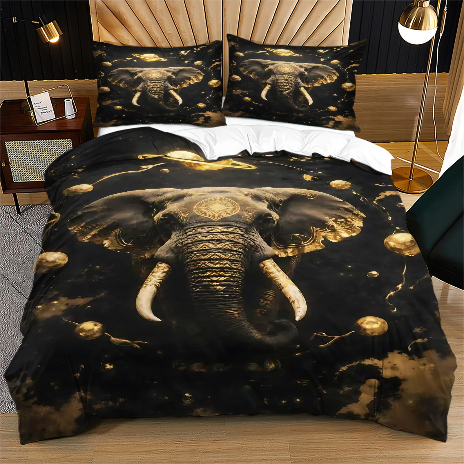 Golden Elephant Duvet Cover Set Black Galaxy Space Elephant Bedding Set Bohemian Mandala Polyester Quilt Cover with Pillowcases