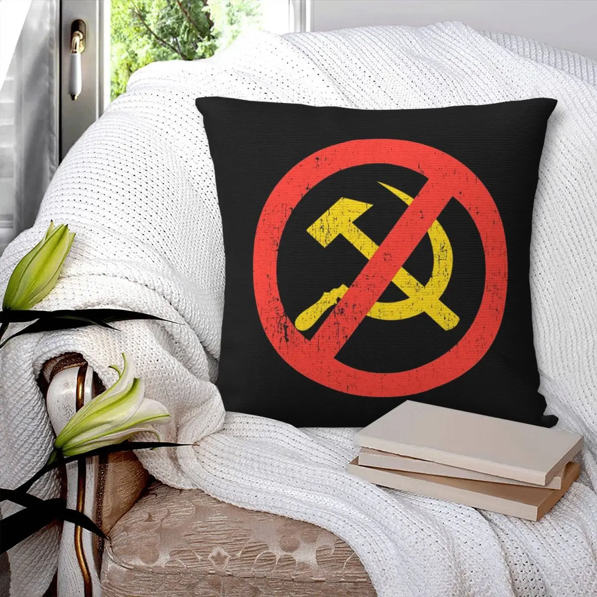 Anti Communist Slogan Hammer Sickle Russia Black Distressed Square Pillowcase Pillow Cover Cushion Throw Pillow for Home Bedroom