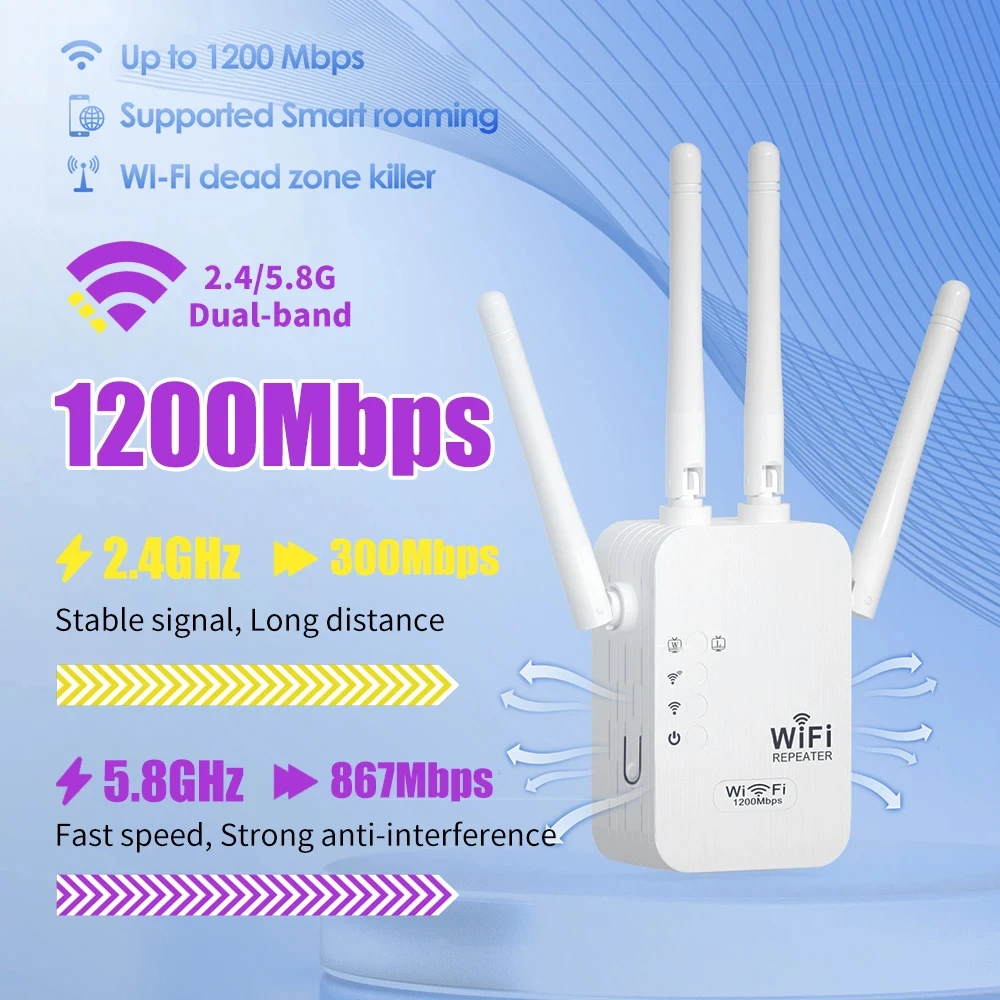 

2.4G/5GHz WiFi Extender Wireless Dual Band WiFi Repeater 1200Mbps Signal Amplifier Extender Router for Home Small Office