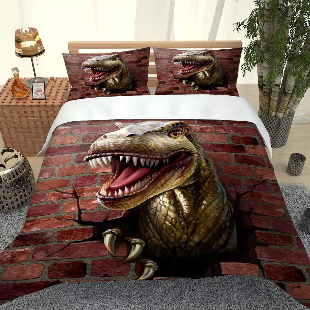 HUANZHUANG Duvet Cover Set Double Size Soft Microfiber 3D Red Brick Wall Dinosaur Print Printed Bedding Quilt Duvet Cover