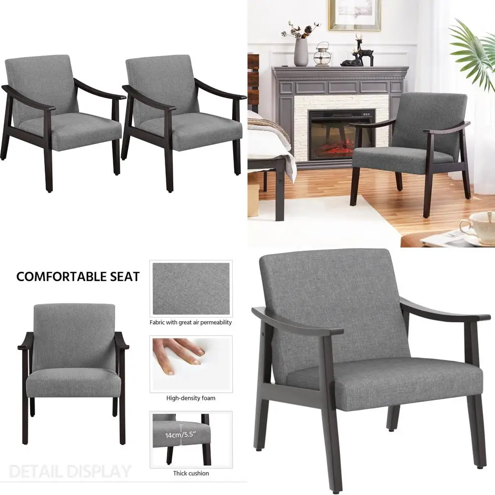 

Mid-Century Modern Linen Fabric Accent Chair with Solid Armrests and Feet, Ideal for Living Room or Bedroom