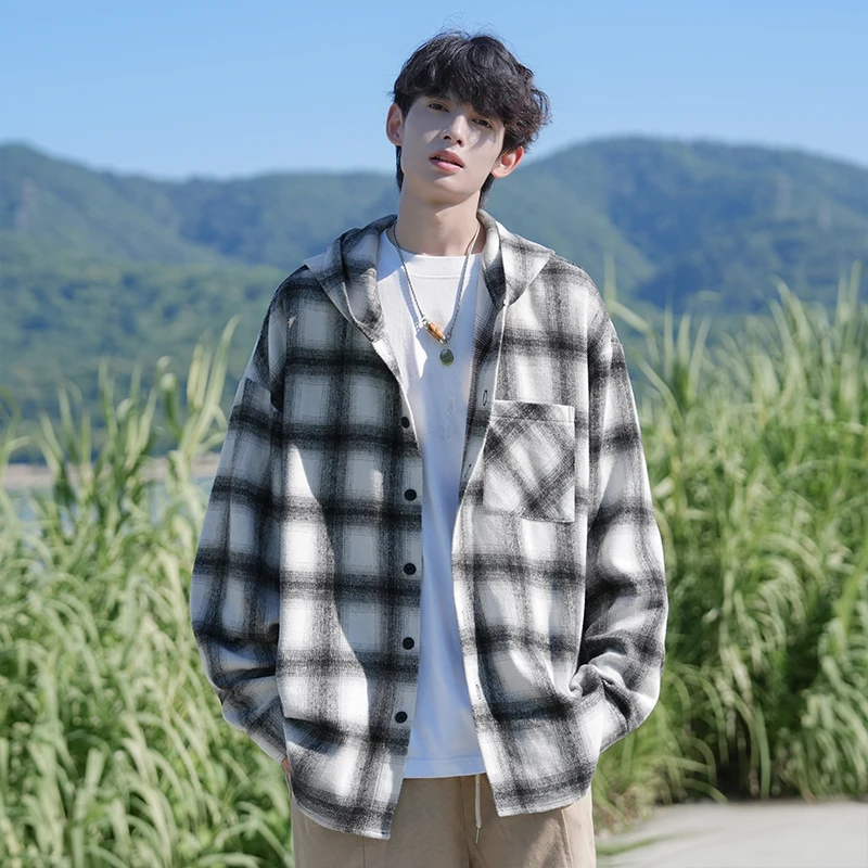 

Удобное мужское повседневное пальто, модная рубашка с длинным рукавом, повседневный стиль, кардиган с капюшоном в клетку, из полиэфирного волокна, зимний вариант