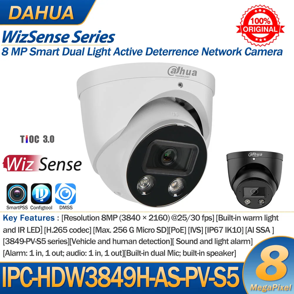 Dahua 8MP IP Camera IPC-HDW3849H-AS-PV S5 Series Dual Light Active Deterrence WizSense 2-Way Talk SD Card Slot TIOC 3.0 SMD 4.0