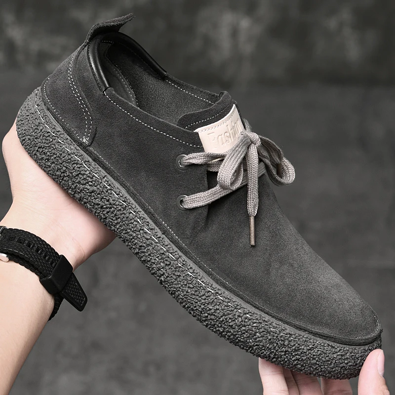 Men's Casual Shoes Grey Nubuck Leather Loose Fitting Men's Shoes Breathable Light Summer Loafers Men Outdoor Walking Sneakers