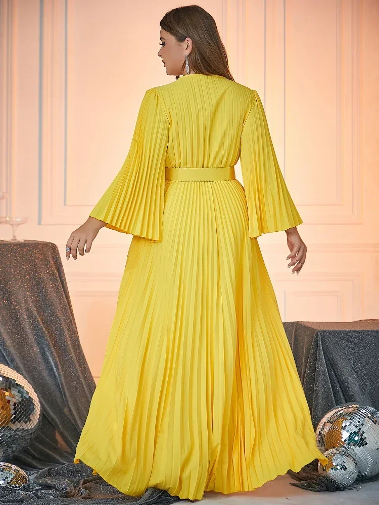 Casual Long Dress for Women Yellow V Neck Flare Sleeves Pleated A Line Office Work Evening Party Plus Size Draped Gowns 3XL 4XL