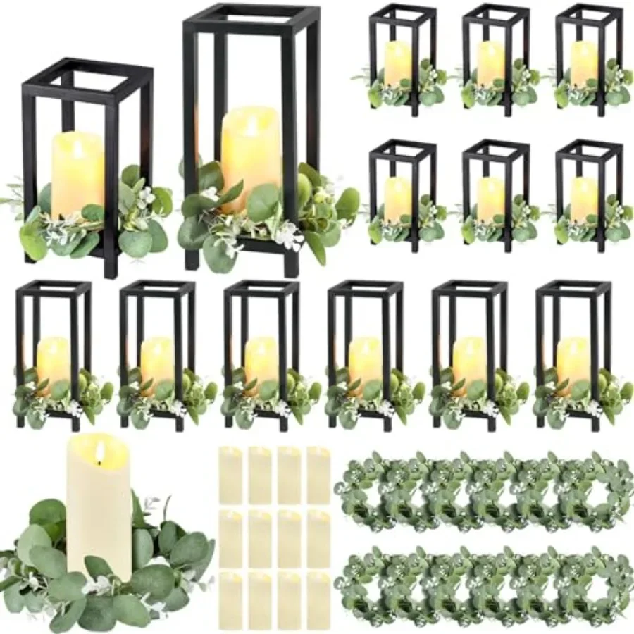 Juego de 12 linternas de madera negras de 10,59 pulgadas y 13 pulgadas para centros de mesa de boda con 12 velas LED y 12 coronas de hojas de eucalipto rústicas