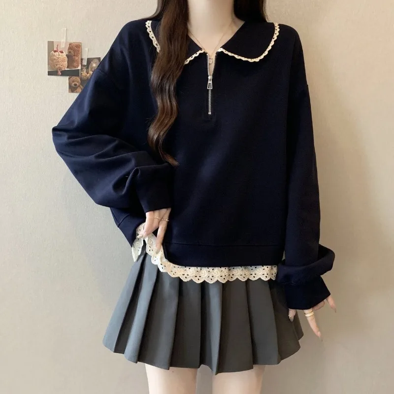 Women Collar Two Piece Sweatshirt Lace Trim Loose Long Sleeve Top For Autumn Winter