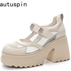 AUTUSPIN New Arrival Women Mary Janes Pumps Summer Round Toe Leather Mesh High Platform Shoes Female Sweet Crystal Block Heels