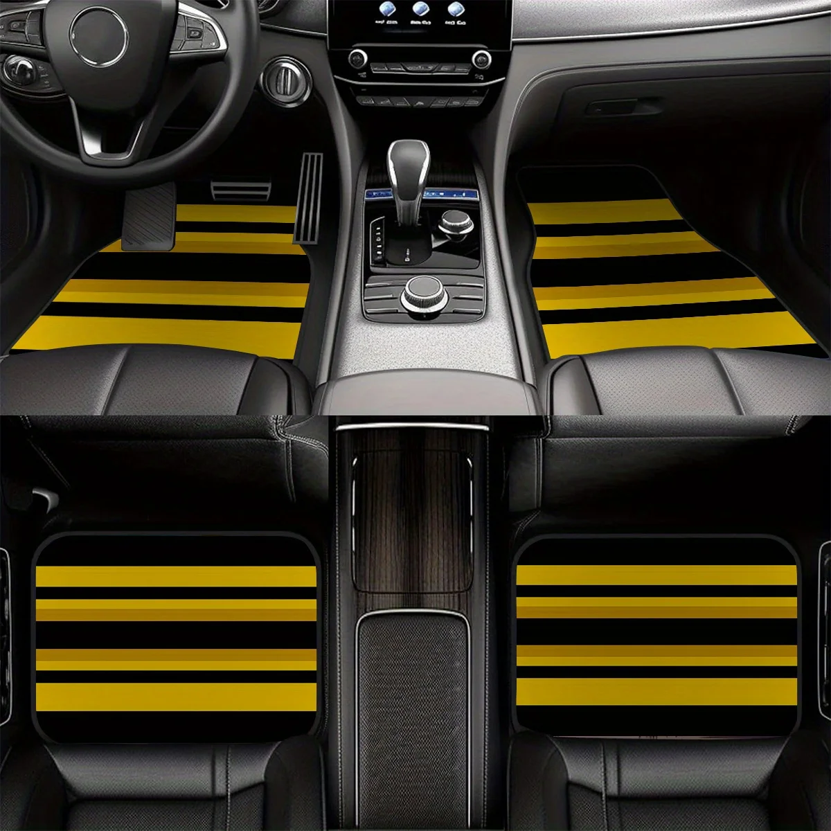 4pcs, Non-slip Polyester Material Car Footrests, Yellow And Black Striped Pattern Floor Mats, Anti-slip Mats For Sedan And SUV M
