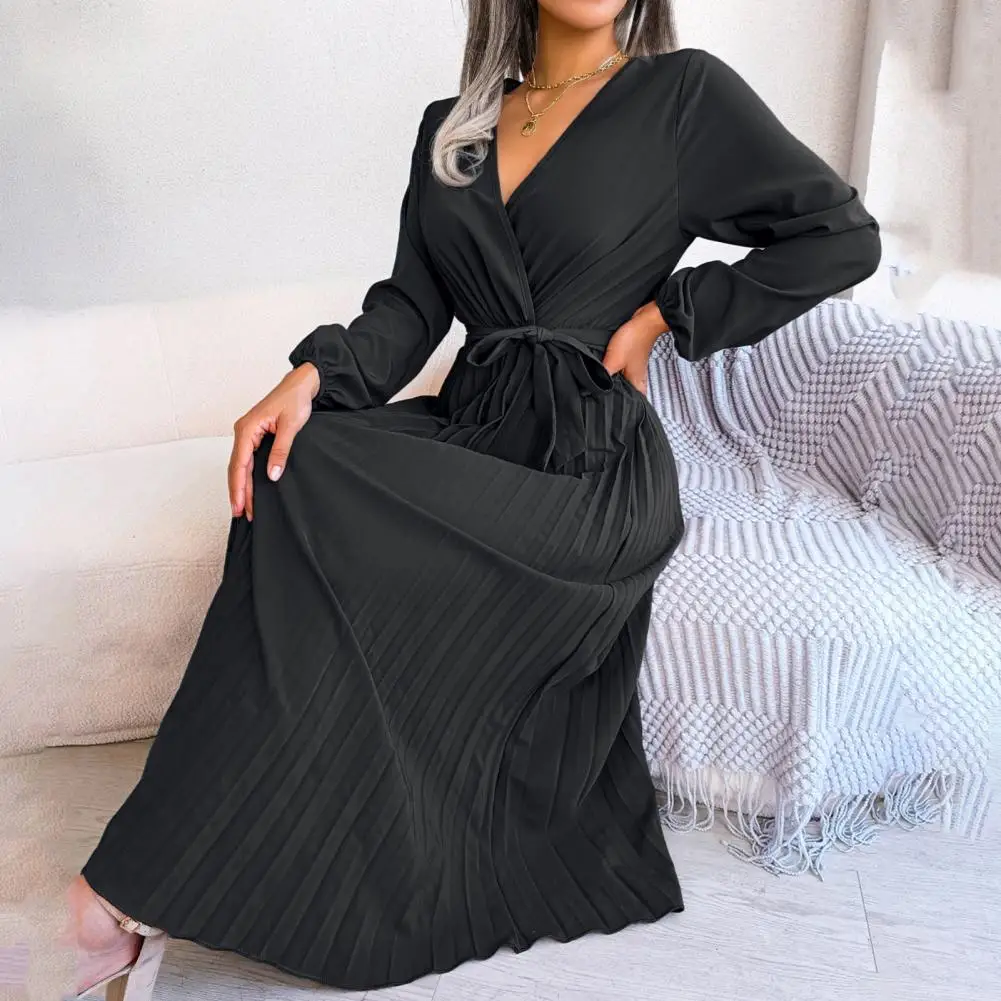 

Pleated Loose Hem Dress Elegant Women's V-neck Maxi Dress Lantern Sleeve Belted Pleated Hem for Office or Streetwear Fashion