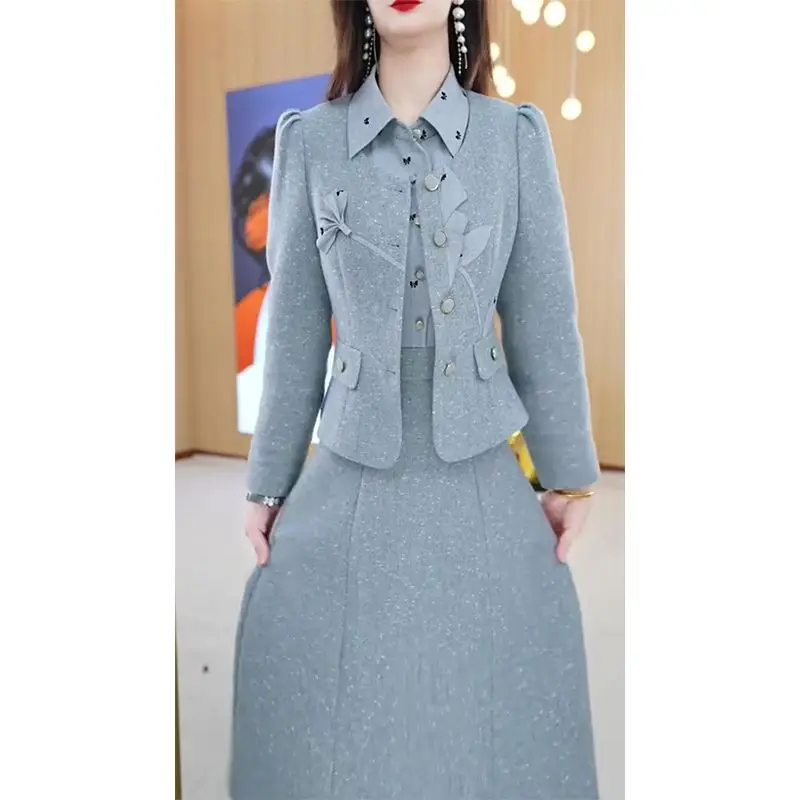 

2025 Autumn New Elegant Gentle Women Small Fragrant Style Single-breasted Coat POLO Collar Splicing Dress Two Piece Set