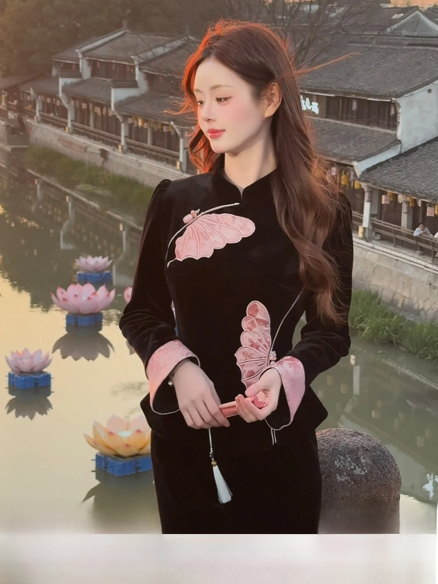 

New Chinese Style Women's Fashion Set Patchwork Velvet Pants Spring Edition High Waist Long Sleeve round Neck Casual Wear