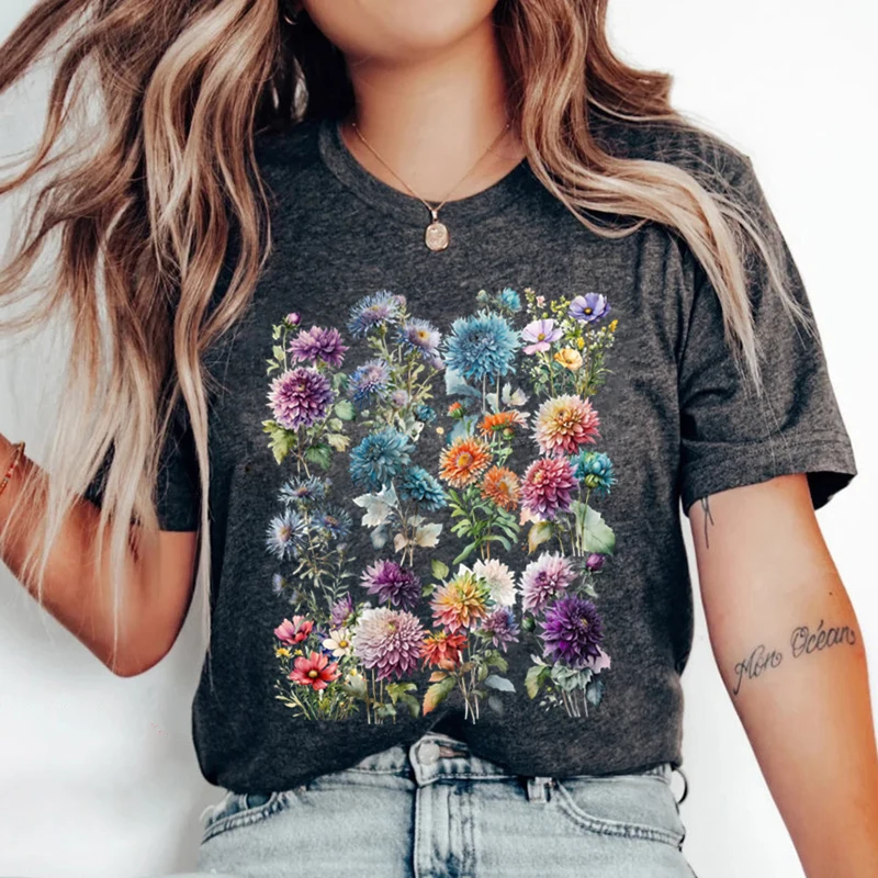 

Vintage Wildflower Print Summer Casual T-shirts For Women Creative Crew Neck Short-sleeved T-shirts Fashion Ladies T-shirt