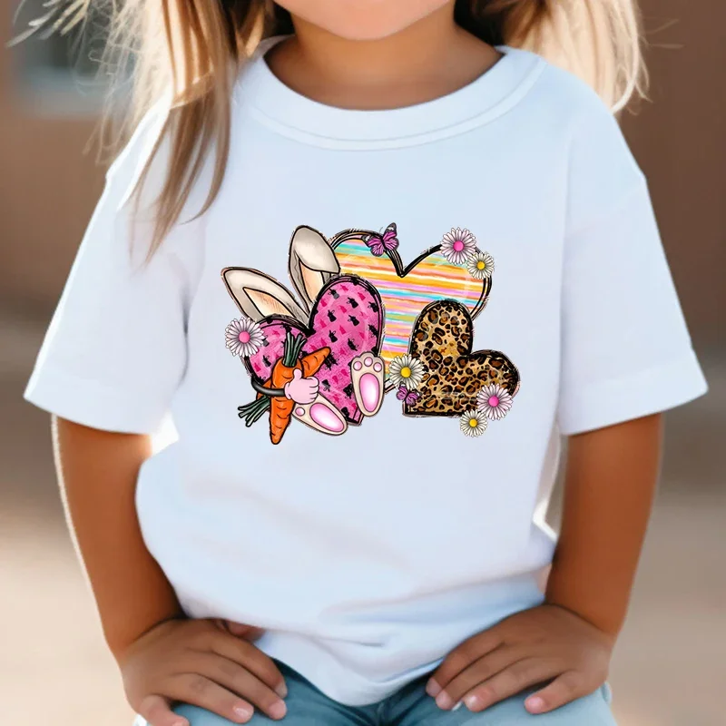 Summer Leopard Bunny Print Heart T Shirt Kids Cartoon Short Sleeve T-Shirt Fashion Cute Trend Children Boy Girl Tshirt Tops