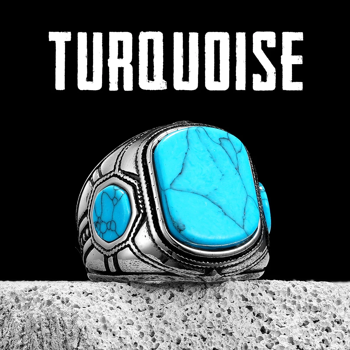 Luxury Turquoise Carved Men Rings Stainless Steel Women Jewelry Vintage Punk Rock Cool Stuff Fashion Accessories Gift Wholesale