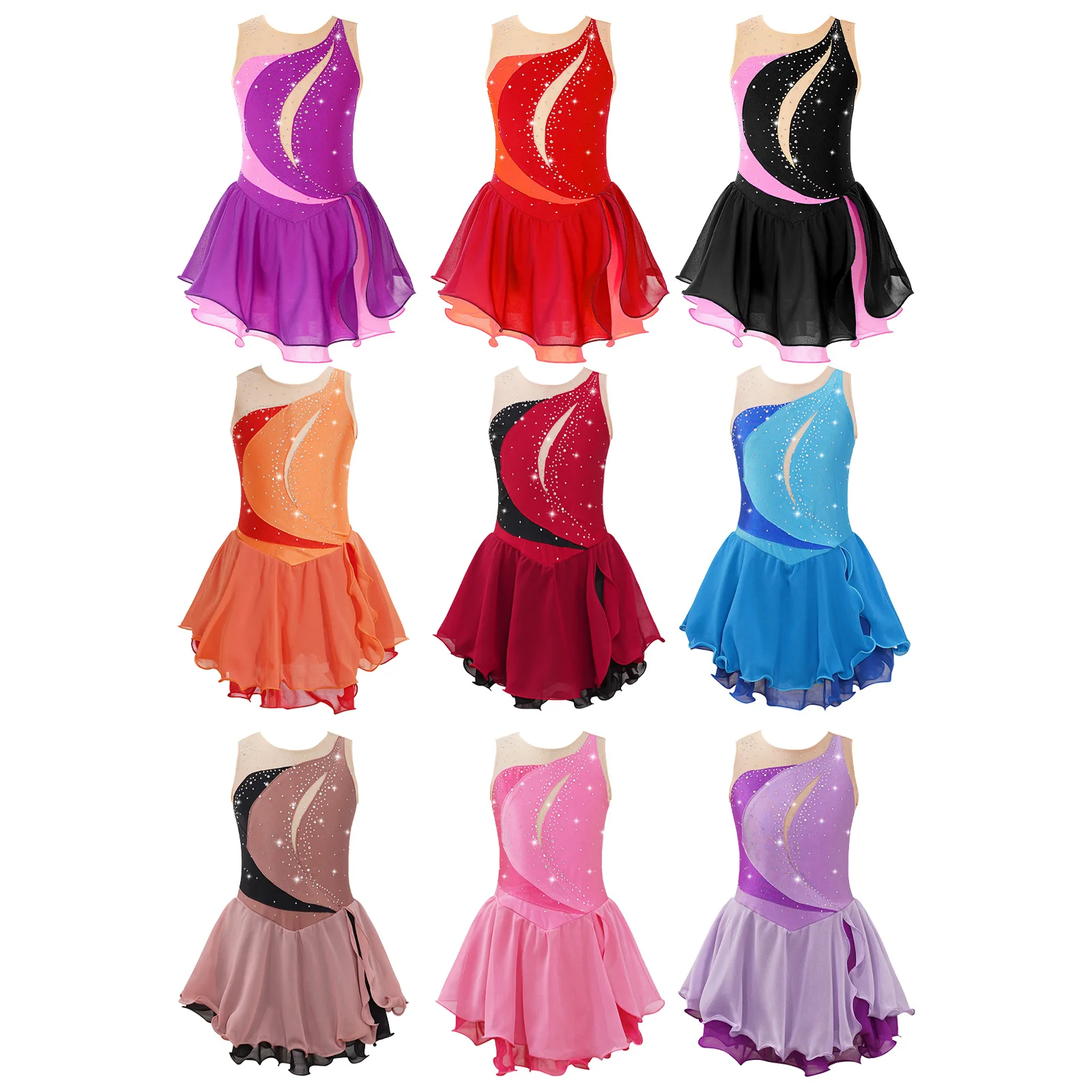 Kids Girls Figure Skating Dress Lyrical Dance Ballet Gymnastics Costume Sleeveless Shiny Rhinestone Sheer Mesh Leotard Tutu