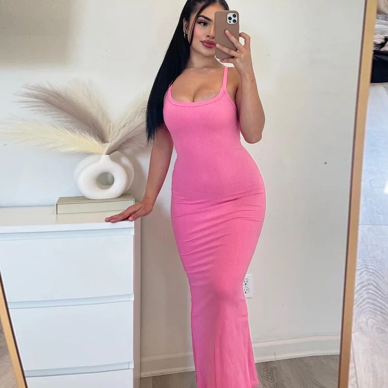 

Pink Slim Maxi Dress Women Fashion Strap Sleeveless Bodycon Long Dress Summer Sexy Sleeveless Backless Club Party Dress 2024 New