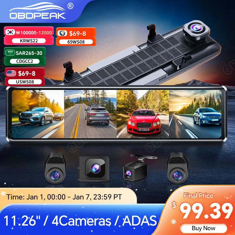 OBDPEAK 4K Dash Cam A8 4-Channel Record 1080P ADAS BSD Car DVR WIFI APP Rear View Mirror Auto Video Camera Ultra HD 24H Parking