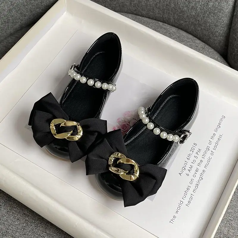 Girl\'s Mary Janes Metal Chain Ribbon Luxury Elegant Kids Princess Shoes Three Colors 26-36 Wedding Party Children Flat Shoes