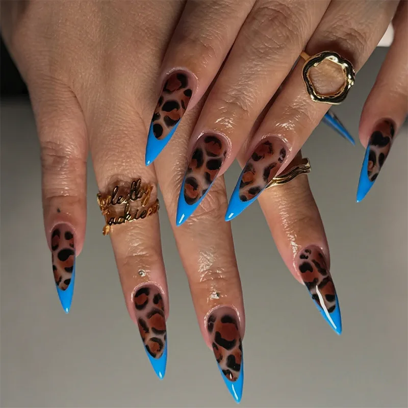 

24Pcs Mid-length Stiletto Fake Nail with Blue French Leopard Print Design Press on Nails Tips Art Wearable Full Cover False Nail
