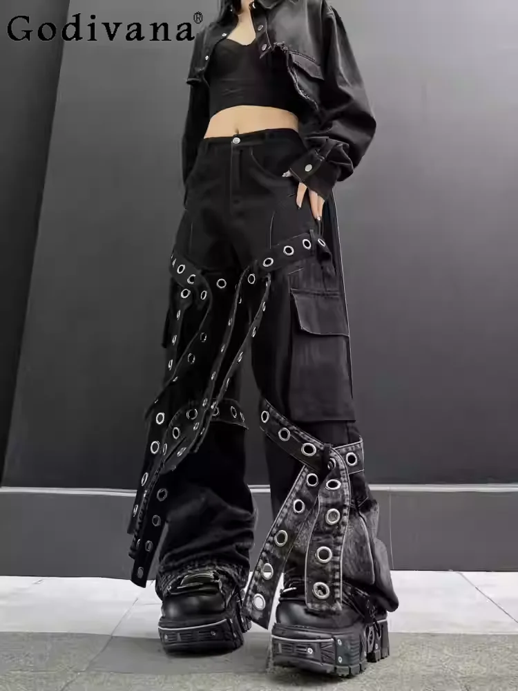 American Personality Girl Punk Heavy Industry Straps Dark Female Hip-hop Jeans Fashion Loose Street Subculture Wide-leg Pants
