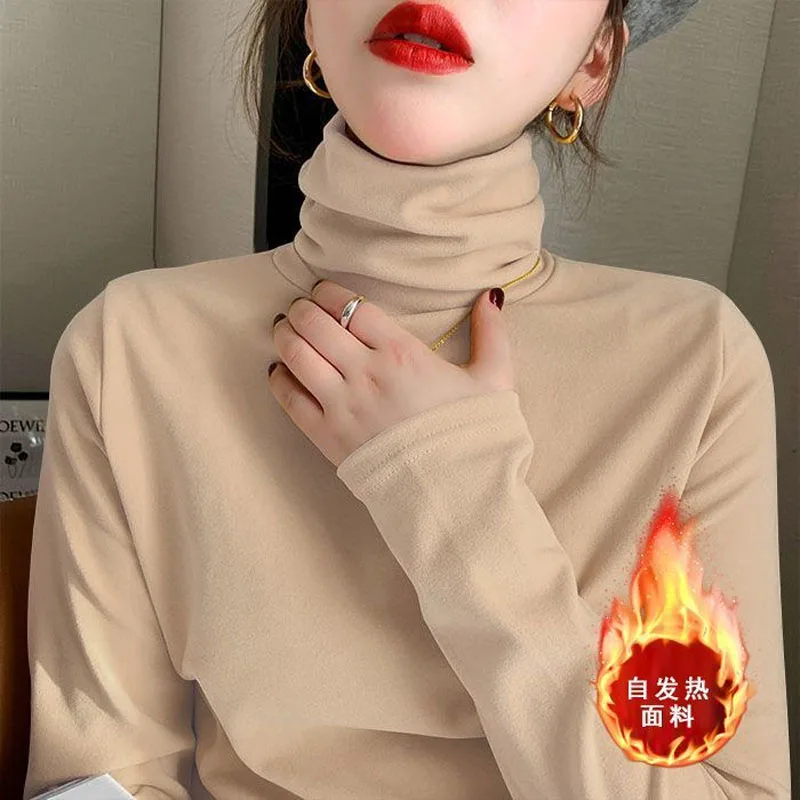 Double Sided German Velvet Sanding Turtleneck Various Colors Slim Women Top Tee Pure Cotton Thin Long Sleeve Spring Summer 3XL