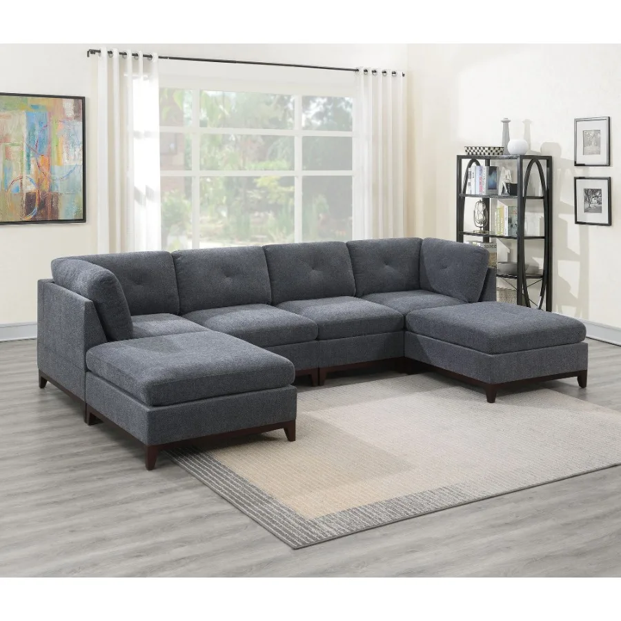

Ash Grey Chenille Fabric Modular Sectional 6pc Set Living Room Furniture USectional Couch 2x Corner Wedge 2x Armless Chairs and
