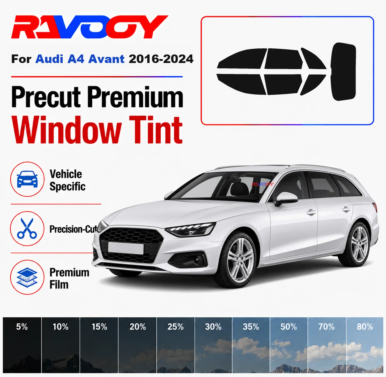 Premium Precut Window Tint Kit Front Rear Windows Rear Windshield For Audi A4 Avant 2016-2024 Complete Set Nano Ceramic Film