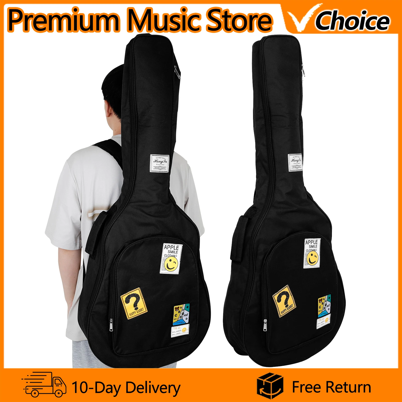 21-Zoll-Gitarrentasche aus Holz mit wasserdichter Tasche aus Baumwoll-Oxford-Stoff, schwarze Cartoon-Gitarrentasche im lächelnden Gesichtsstil für Saiteninstrumente