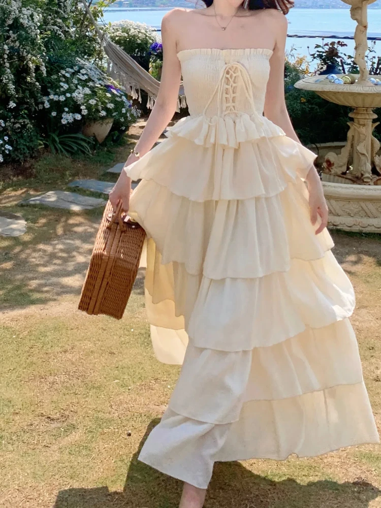 

French Holiday Beach Backless Long Dress Women Summer Slash Neck Sleeveless Long Dress Elegant Evening Party Birthday Dresses