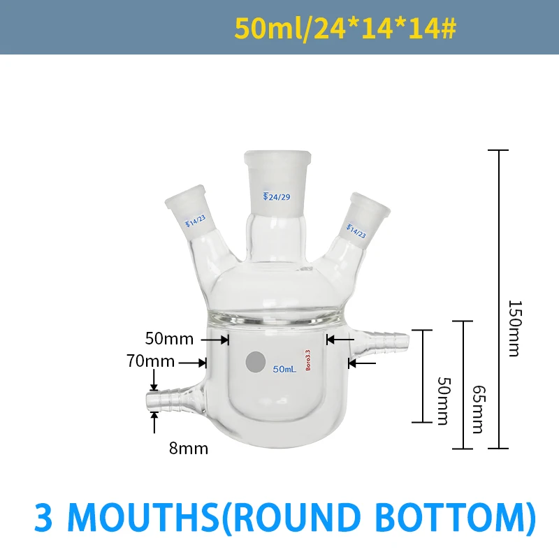 Three-neck jacketed reaction bottle double-layer reactor round bottom laboratory flask glassware 50-3000ml