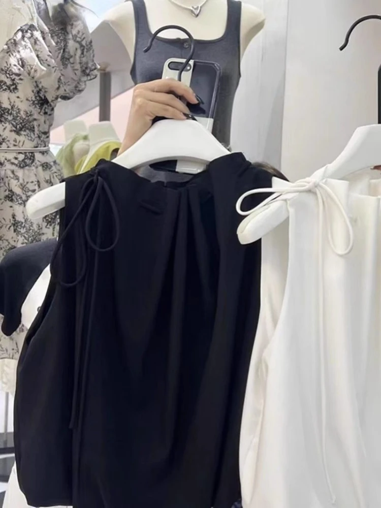 2024 Camisas De Mujer Temperament Women Shirt Solid Color Sleeveless Cropped Tops Bandage Summer Loose Korean Vintage Blouses