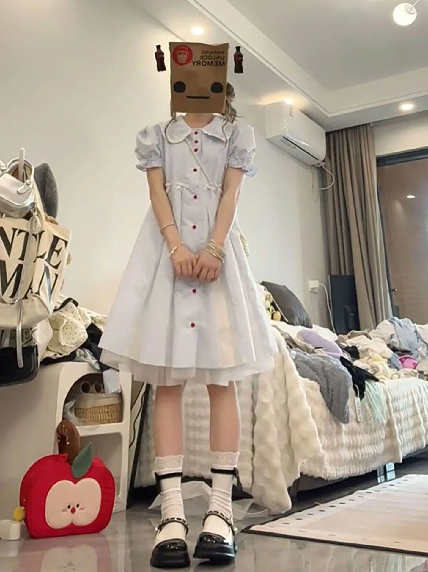 

Summer Blue Doll Collar Waist Cinched Bubble Sleeve Dress Women's Button up A-Line Dress Soft Medium Fabric College Style