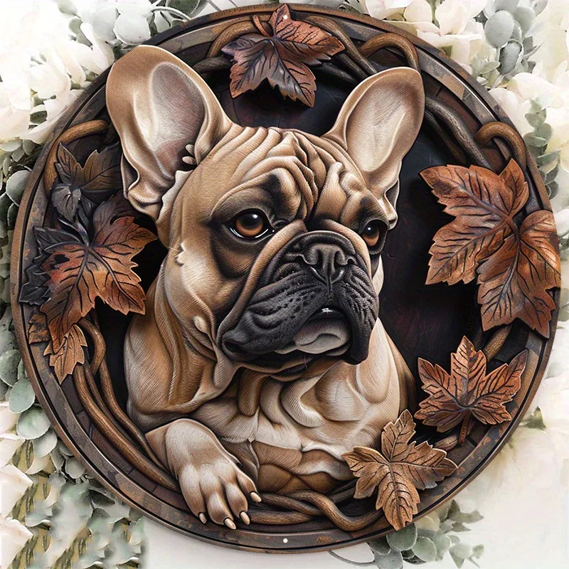 Decorative Circular Metal Plaque, French Bulldog, Premium Aluminum Construction, Ornate Pedestal Design, Home Decor, 8x8In, 1Pc