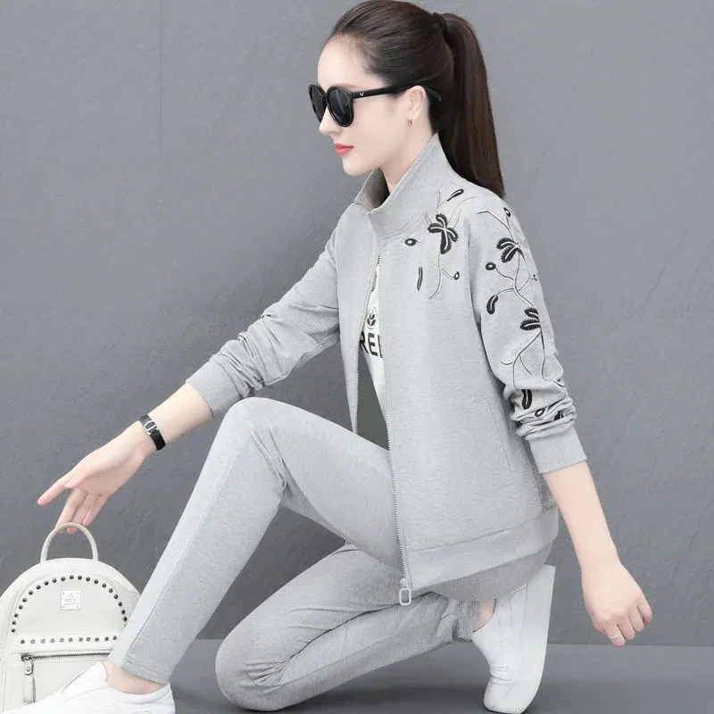 Embroidery Casual Tracksuit 3 Piece Set Women Outfits Fashion Zip Up Jacket + T-Shirt + Pants Sports Suit Ensemble Jogging Femme