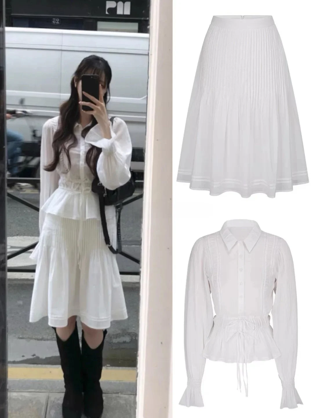

Labelleblanc White Shirt Skirt Set Elegant Style Cotton Long Sleeve Breathable Skin-friendly Slim Fit Women's Fashion