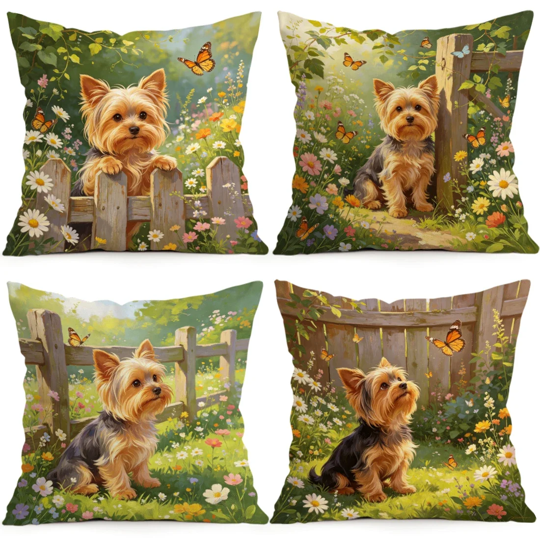1/4pcs Oil Painting Garden Yorkshire Cushions Pillowcase Polyester Cushion Cover Throw Pillow Pillowcover Home Car Sofa Decor