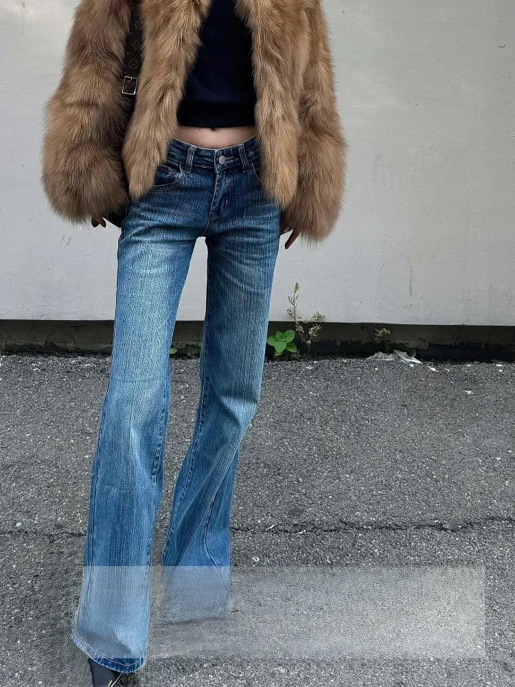 

Темно-синие широкие джинсы Bell Bot с высокой талией, женские осенне-зимние новые облегающие прямые брюки-трубы, американские высокие брюки...