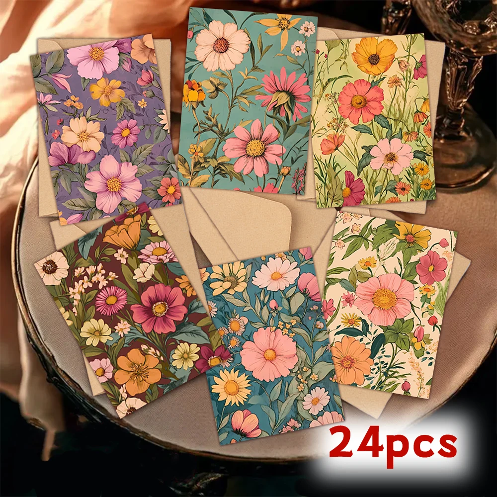 24 Stück, Vintage-Blumen-Grußkarten-Set mit Umschlägen für jedermann, DIY-Grußkarten, Einladungskarten, vielseitiger, lustiger Gruß – Detail 6
