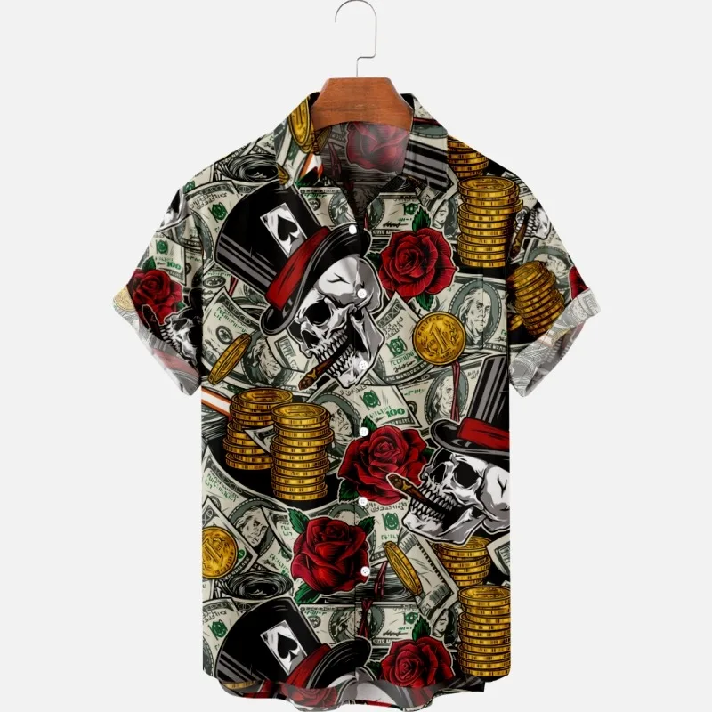 

Men's Fashion Summer T-Shirts Hawaiian Skull 3d Print Cozy Casual One Button Shirts Short Sleeve Beach Oversized Shirts 4