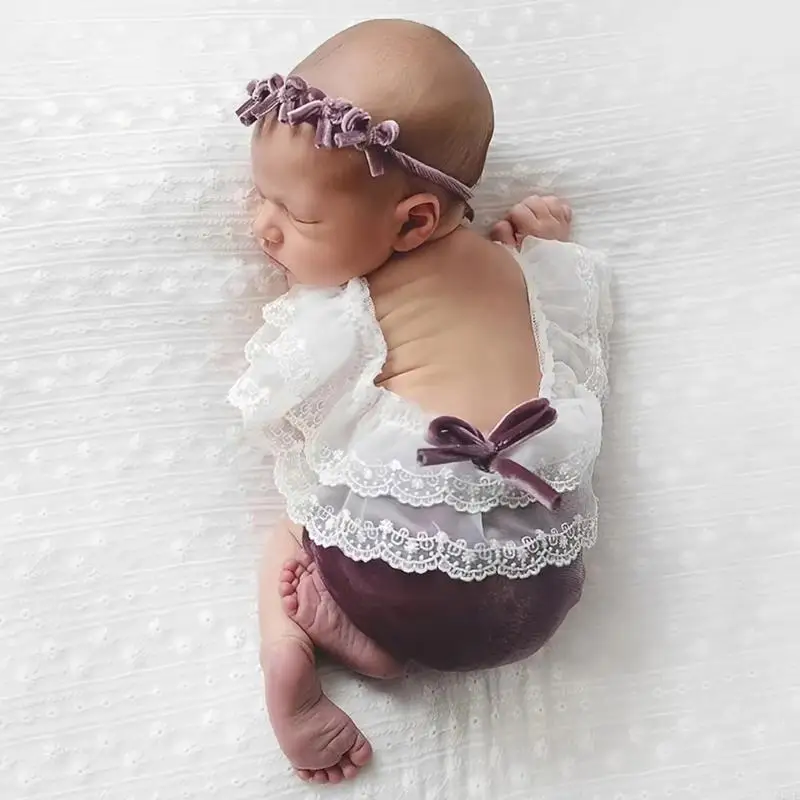 Soft Lace Newborn Romper with Matching Bow Headband Luxurious Baby Clothing set Comfortable for Memorable Photos