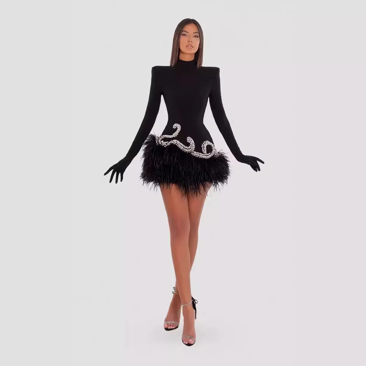 

Women Evening Dresses Black Velvet One-piece Gloves Long-sleeved High-end Feather Diamond-encrusted Slim-fit Dress Party