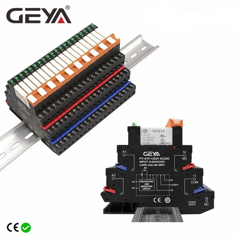 1 SZT. GEYA Moduł przekaźnika na szynę DIN, cienki, o grubości 6,2 mm, 6A 1NO1NC, przekaźnik 12V 24V 48V 110V 230V