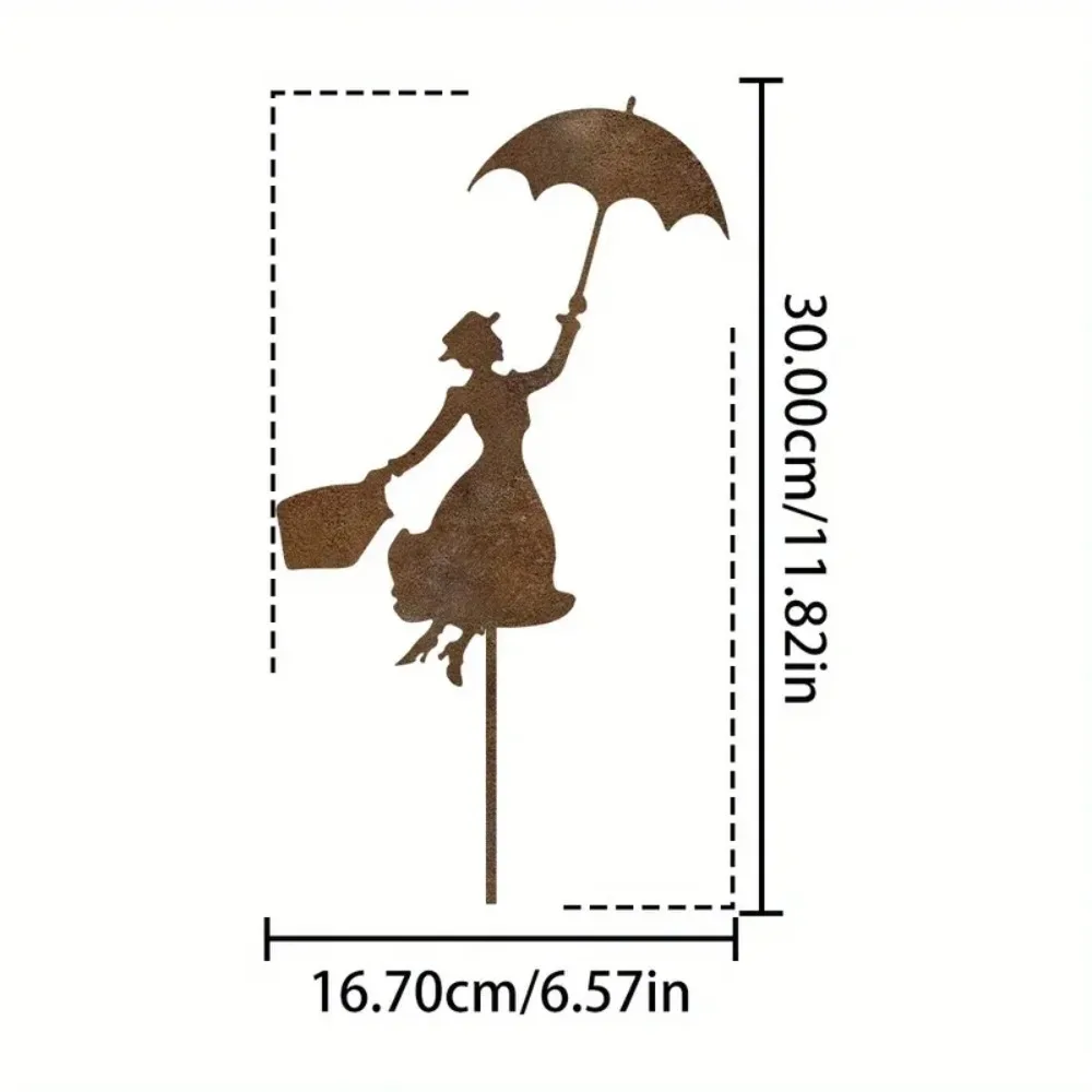 1PC Metal Rust Garden Stake Decorative Rust Patina Flower Bed Stake with Umbrella Rusty Figure Garden Decor for Outdoor