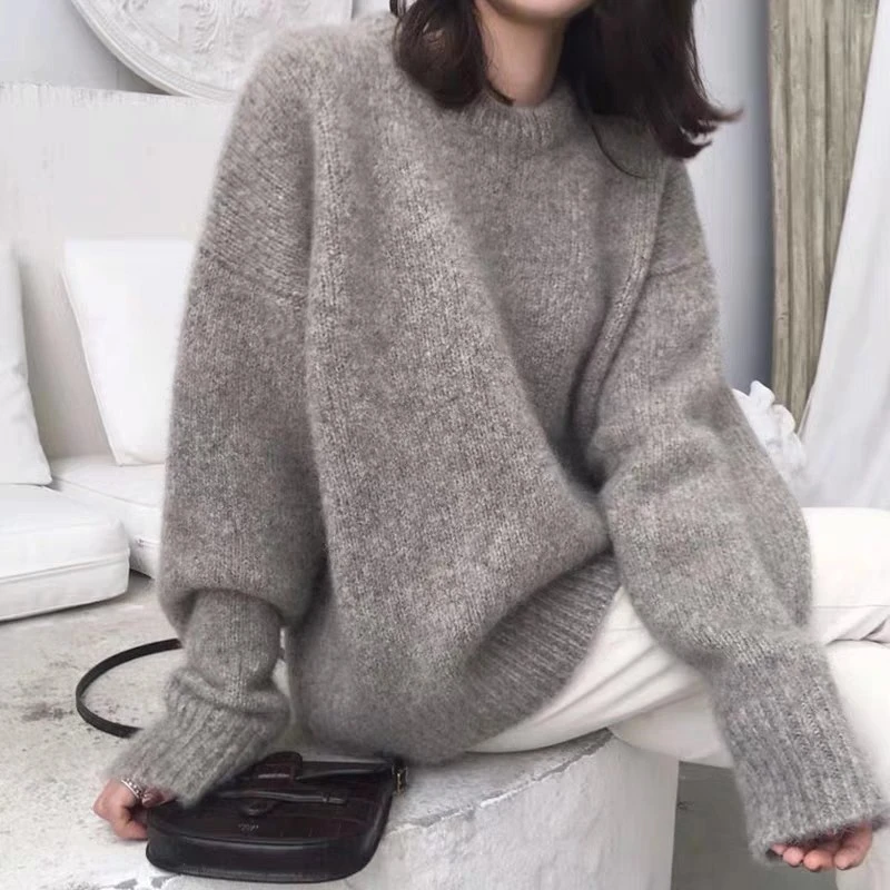 High-end heavy cashmere sweater women round neck 2022 fall/winter straight tube lazy wind large size thick pullover loose sweate