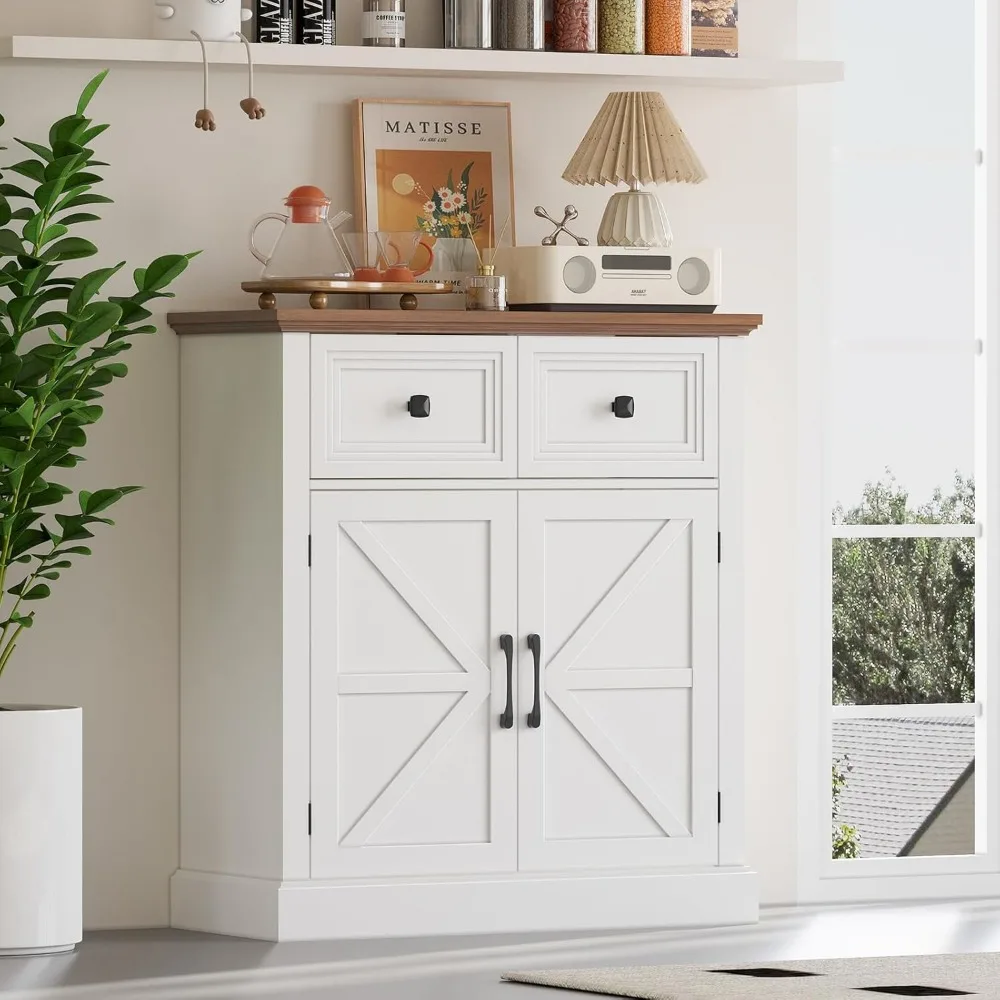 خزانة جانبية لبوفيه المزرعة مع أدراج، وخزانة مخزن خشبية مع مساحة تخزين، وخزانة تخزين ريفية مع رف قابل للتعديل