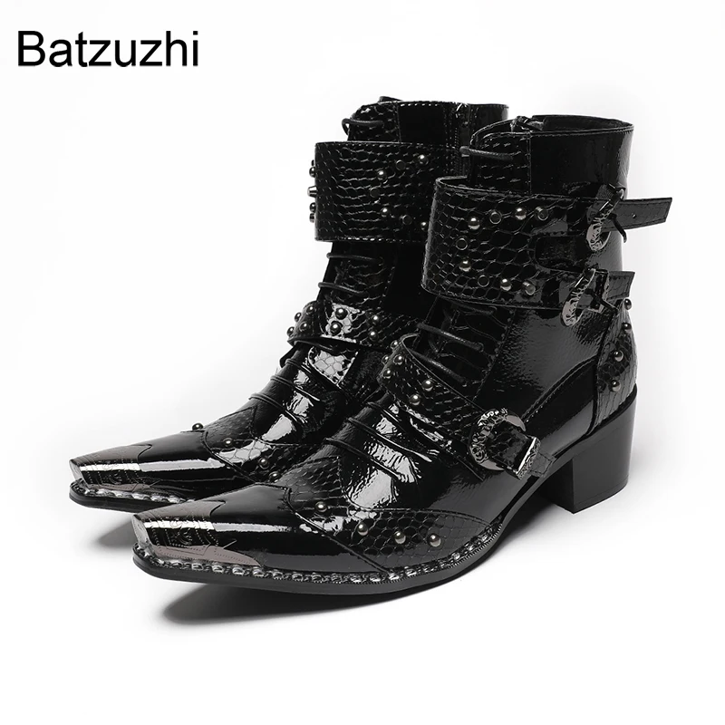 Batzuzhi Handmade Cool Genuine Leather Ankle Men's Boots Golden Iron Toe Punk Motorcycle Black Boots for Man! Big Sizes 38-46