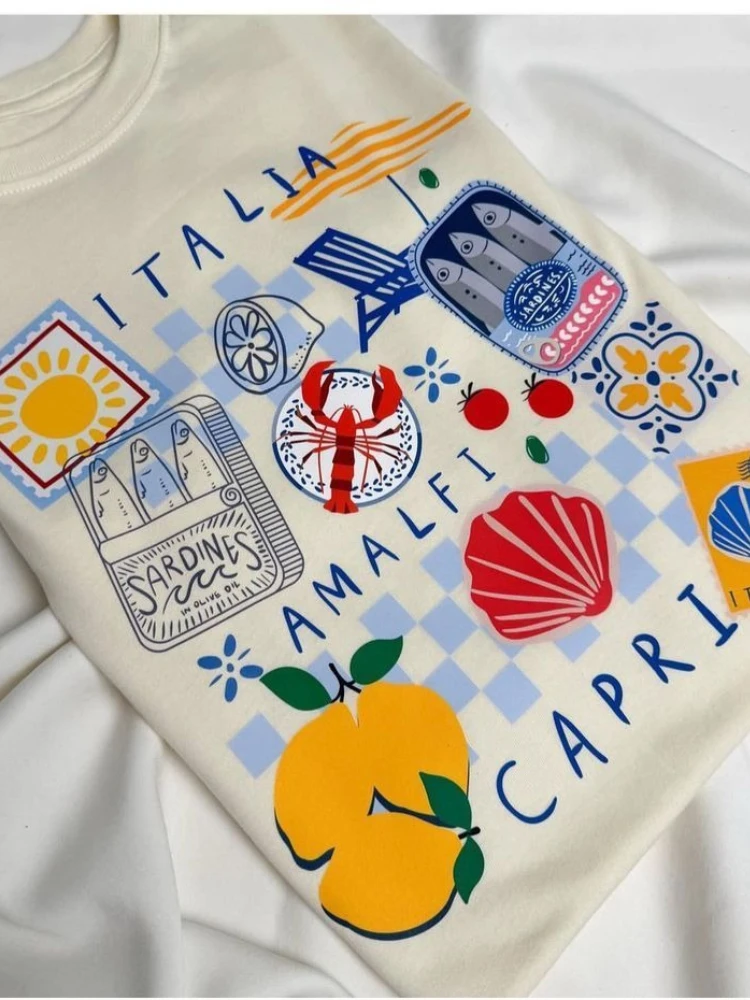 Capri Italia Graphic T-shirt Retro Funny Seafood Vacation Shirt Short Sleeve Crew Neck Casual Top Women's Clothing Oversized
