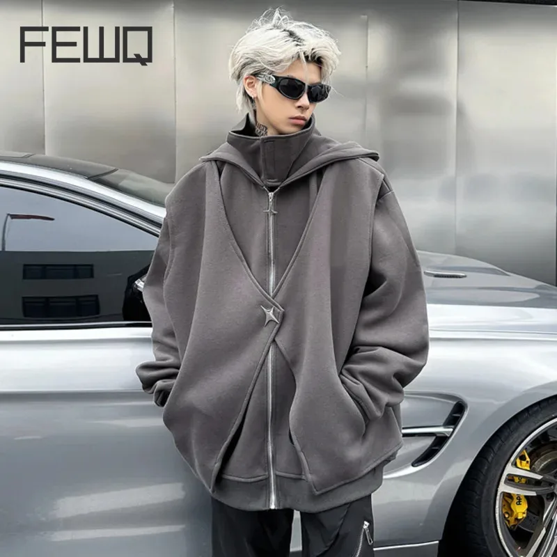 FEWQ Sweatshirt Niche Design Fake Two Pieces Hooded Zipper Hoodie Cardigan Autumn Loose Fit Oversize Top Fashion New 12C1458