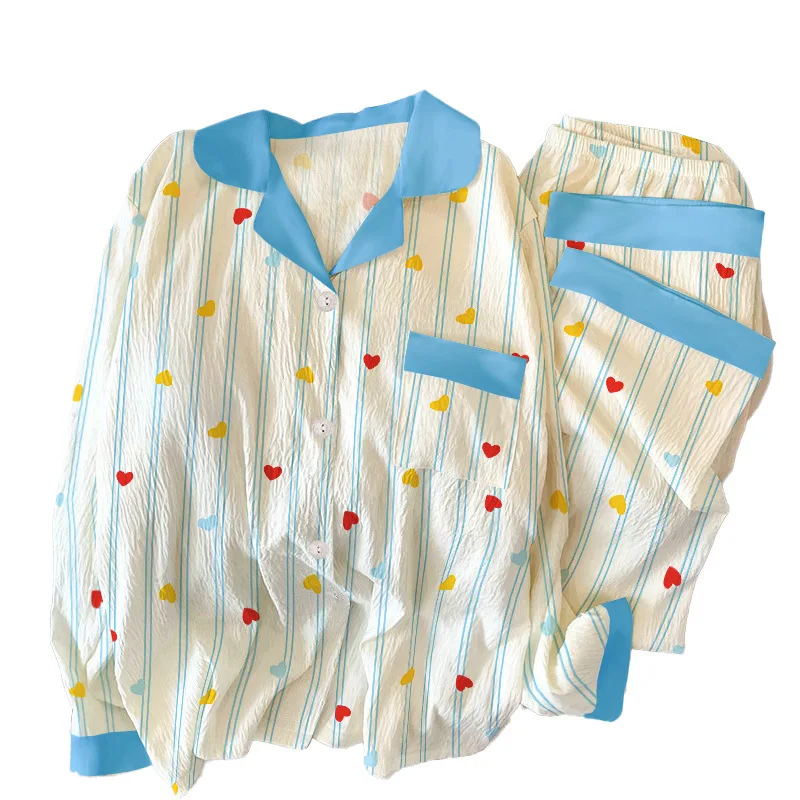 

Striped Heart-Shaped Ins-Inspired Light Luxury Korean-Style Wrinkled Fabric Pajamas for Women's Home Wear Long-Sleeved Set